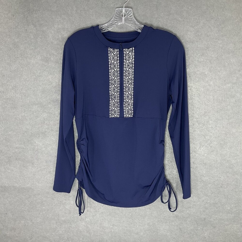 Lands End Womens S Cover Up Swim Top Rash Guard Ruched Sides 1/2 Zip Embroidered